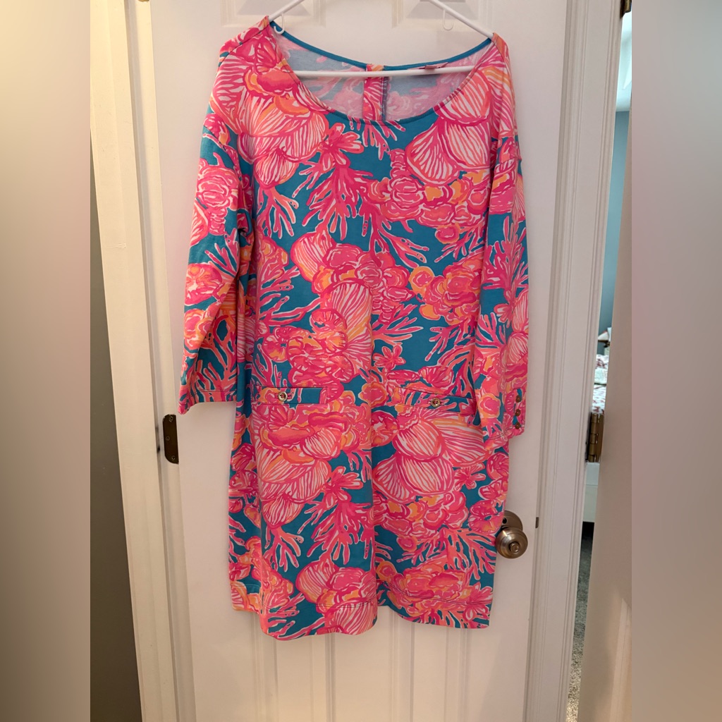 Lilly Pulitzer Pink & Turquoise Floral Shift Dress With Three-Quarter Sleeves